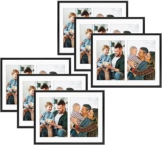 Golden State Art, 5x7 Aluminum Collage Frame, Display 7x5 Pictures With 2 Openings Mat or One 8.5x11 Photo, Real Glass, Portrait/Landscape Wall Display, Black, 6 Pack