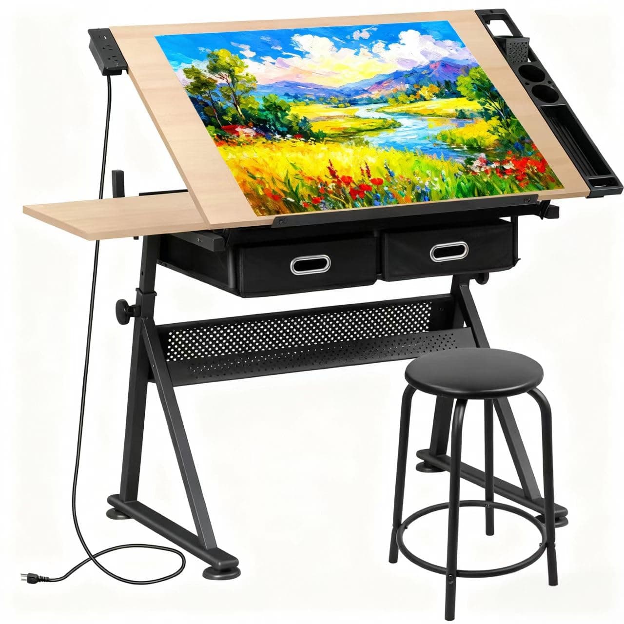 ZENY Adjustable Drafting Table with Stool, Tilting Drawing Desk Artist Table with Storage Drawers, Art Craft Workstation for Home Office Reading, Writing, Crafting (Brown-with Outlet)