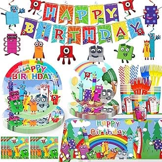 130pcs Number Birthday Decorations Include Banner, Hanging, Plates, Napkins, Paper Cups, Forks, Straws, Tablecloth Number Theme Party Supplies, for Boy Girl Birthday Number Theme Birthday Party