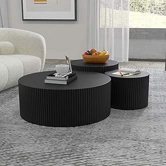 JUSTONE Black Round Coffee Table Set Side Table End Table for Living Room,3 Peice Drum Round Nesting Coffee Modern Coffee Table for Apartment Office,No Assembly (3PCS,Black)