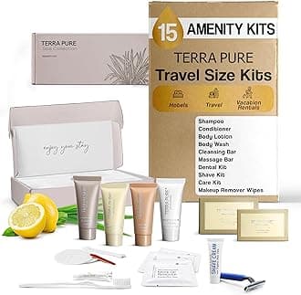 Terra Pure Spa Collection Amenity & Accessory Kit |0.85 oz Travel Size Shampoo, Conditioner, Lotion, Body Wash, 2 Soap Bars, Shave & Dental Sets, Make-Up Remover Wipes, & Vanity Kit | 15 sets/case