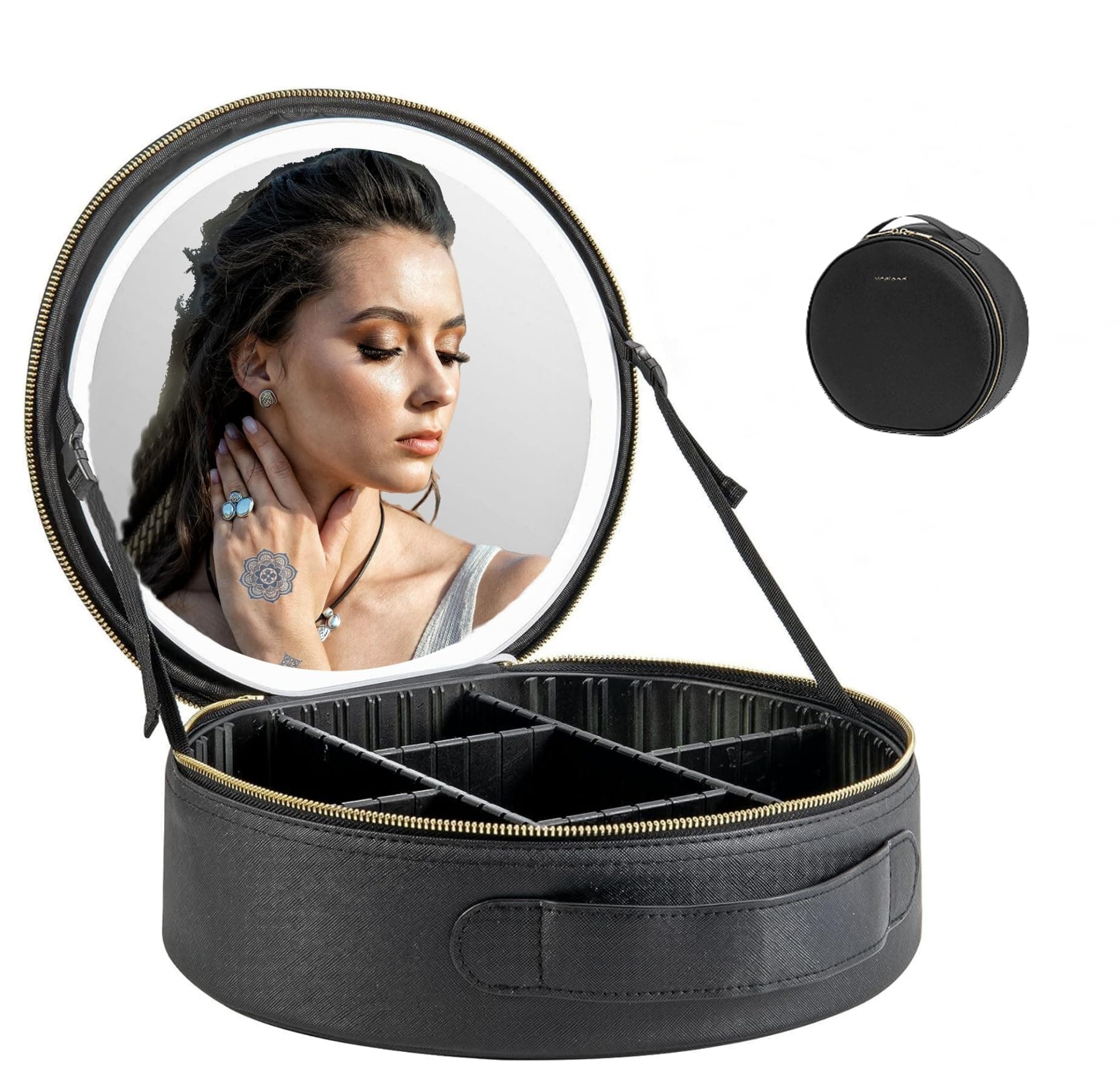 black round makeup bag with LED mirror