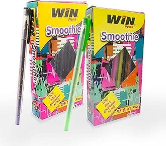 WIN Smoothie Ball | 100 Pen (80 Blue Ink & 20 Black Ink) | Lightweight & Colourful Sparkle Body Design | Use and Throw Ball Pen | For One Time Use | 0.7mm Tip for Smooth Flow of Ink