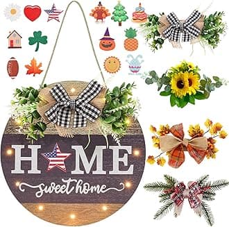 Interchangeable Seasonal Welcome Sign Front Door Decoration with 4 Seasonal Wreaths and LED Light, Rustic Round Wood Wreaths Wall Hanging Outdoor, Farmhouse Front Door Decoration Home Décor
