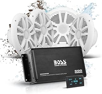 BOSS AUDIO ASK904B.64 Marine Package Includes 500 Watt Max 4-channel Bluetooth Amplifier, Two Pair 6.5 inch MR6W Marine Speakers, Universal USB cable and Phone Pouch