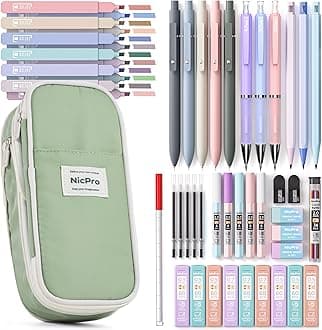 Nicpro 50PCS Aesthetic School Supplies with Cute Pencil Case, 5 Quick Dry Black Ink Pens, 12 Pastel Highlighters, 6 Mechanical Pencil 0.5, 0.7, 0.9 & 2.0 mm for Students Stationary College Essentials