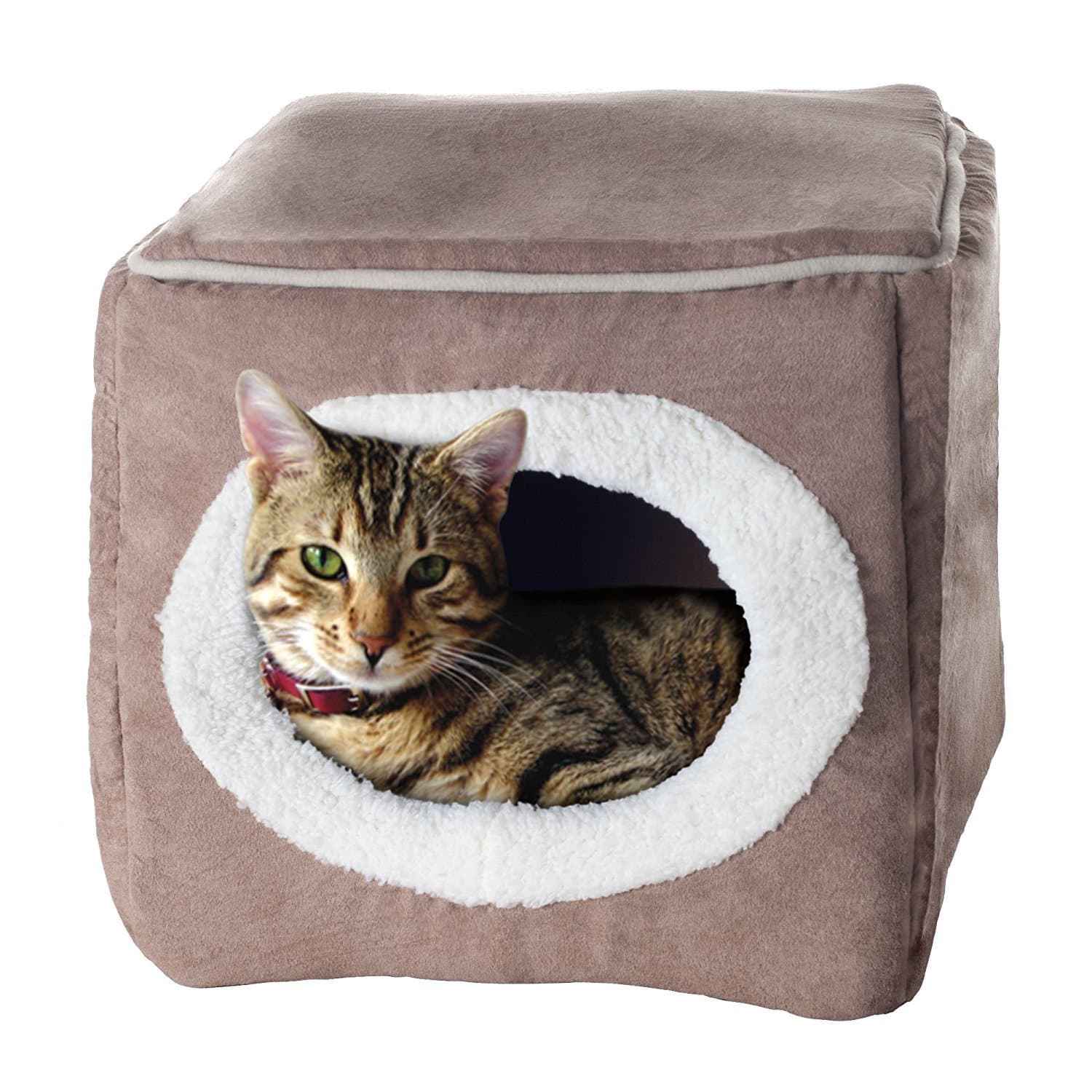 Round Hole Square Pet Room _ Foldable Round Hole Square Pet Room Warm Kennel Plush Cat Nest Cat Warm House,Grey