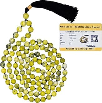 Certified Serpentine Crystal Japa Mala Ganthi - 108 Beads Buddhist Prayer Beads - AAA Grade Original Healing Gemstone Agate Mala for Yoga Meditation Spiritual Reiki Feng Shui