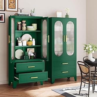 61" Tall Kitchen Pantry Storage Cabinet, Green Metal Storage Cabinet with Adjustable Shelves & Glass Doors & Drawers, Food Pantry Cabinets for Kitchen, Bathroom, Dinning Room, Living Room