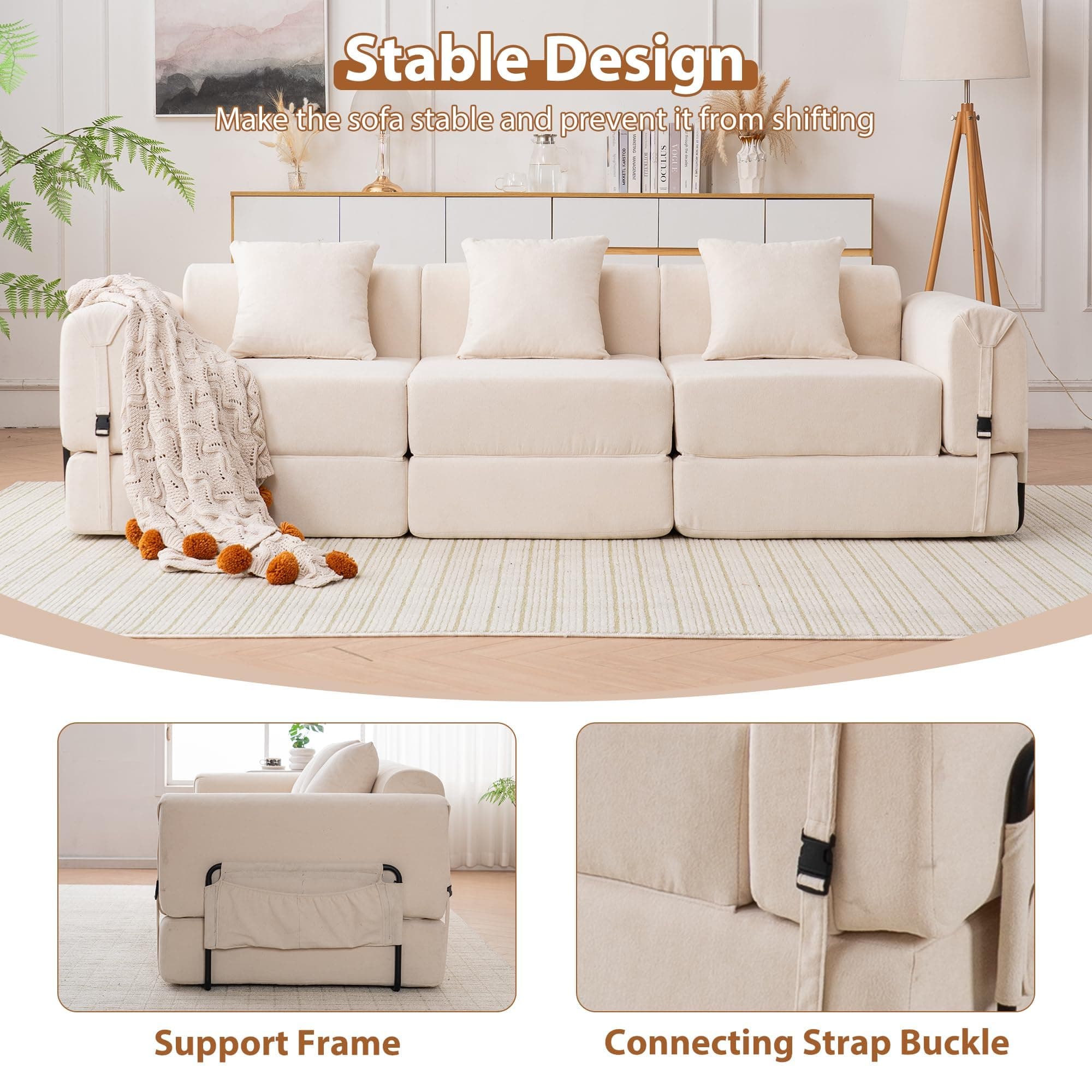 Tmsan 98.81" W Convertible Sectional Sleeper Sofa Bed, Comfy Fleece Folding Mattress Couch with Fixed-Shape Frame,Boneless Floor Lounge Couch Set for Living Room Apartment Office Bedroom