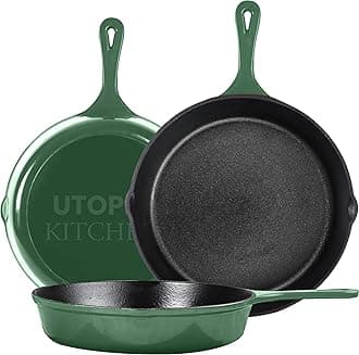 Utopia Kitchen Saute Fry Pan - Pre-Seasoned Cast Iron Skillet Set 3-Piece - Frying Pan - 6 Inch, 8 Inch and 10 Inch Cast Iron Set (Green)