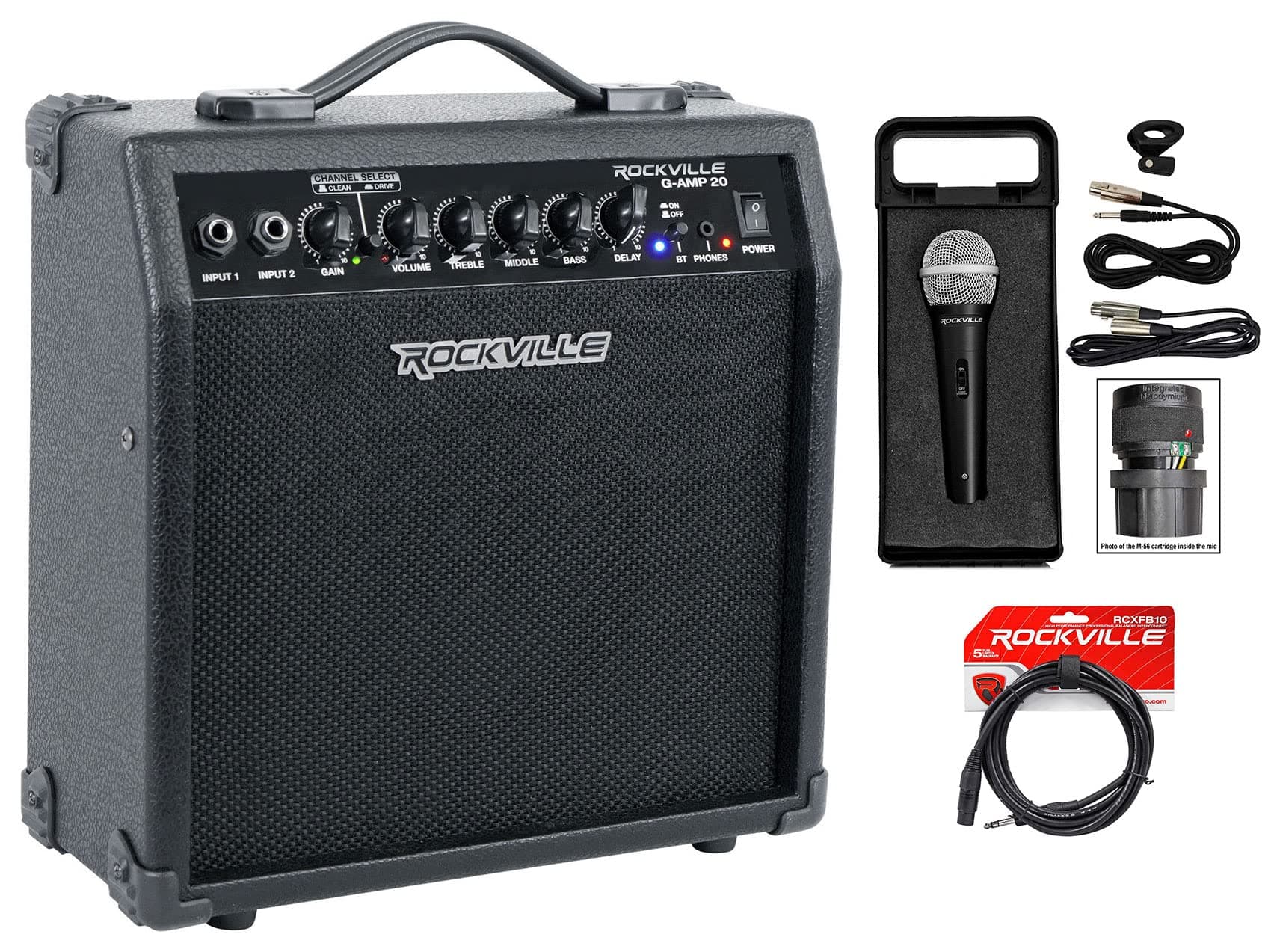 G-AMP Bundle: G-AMP 20-Watt Guitar Combo Amplifier Dual Inputs, Bluetooth, Delay, RMC-XLR High-End Wired Microphone with Cables, RCXFB10B 10ft XLR to 1/4 TRS Cable, 3-Items