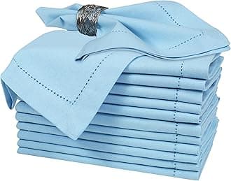 Bedding Craft Cloth Dinner Napkins Set of 12 – 18x18 Airy Blue Linen-Look Hemstitched – Soft Machine Washable Reusable Napkins for Weddings, Parties & Elegant Table Settings