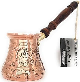 PC Series (Large - 14 fl oz) - Thickest Solid Copper Engraved Turkish Greek Arabic Coffee Pot Wooden Handle Heavy Duty, Stovetop Coffee Maker, Jazzve, Cezve, Ibrik with Hammered Base