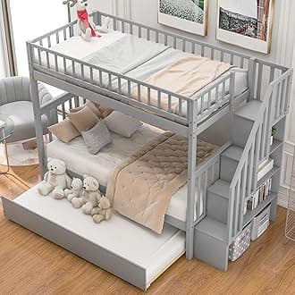 Twin-Over-Twin Bunk Bed with Trundle and Storage Staircase, Solid Wood 3 in 1 Twin Size Stairway Bunk Bed with Trundle, Grey