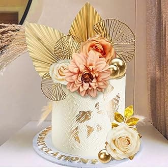 DRWATE Cake Topper, 11pcs Boho Flower Gold Leaves Cake Decorations for Wedding Baby Shower Birthday Party Supplies