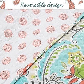 Cozy Line Home Fashions Turquoise Blue Coral Floral Leaf Reversible Quilt Bedding Set, Coverlet Bedspread Lightweight for All Seasons (Mirage Paisley, King - 3 Piece)