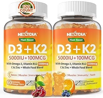 - Vitamin D3 K2 Gummies 5000IU / 10,000 IU with Omega-3 250mg + K2(MK-7) 100mcg - 5X Absorption Than Standard D3K2,with Vitamin C, Zinc,and 5 Organic Vegetables,Supports Bone & Teeth Strength, Immune