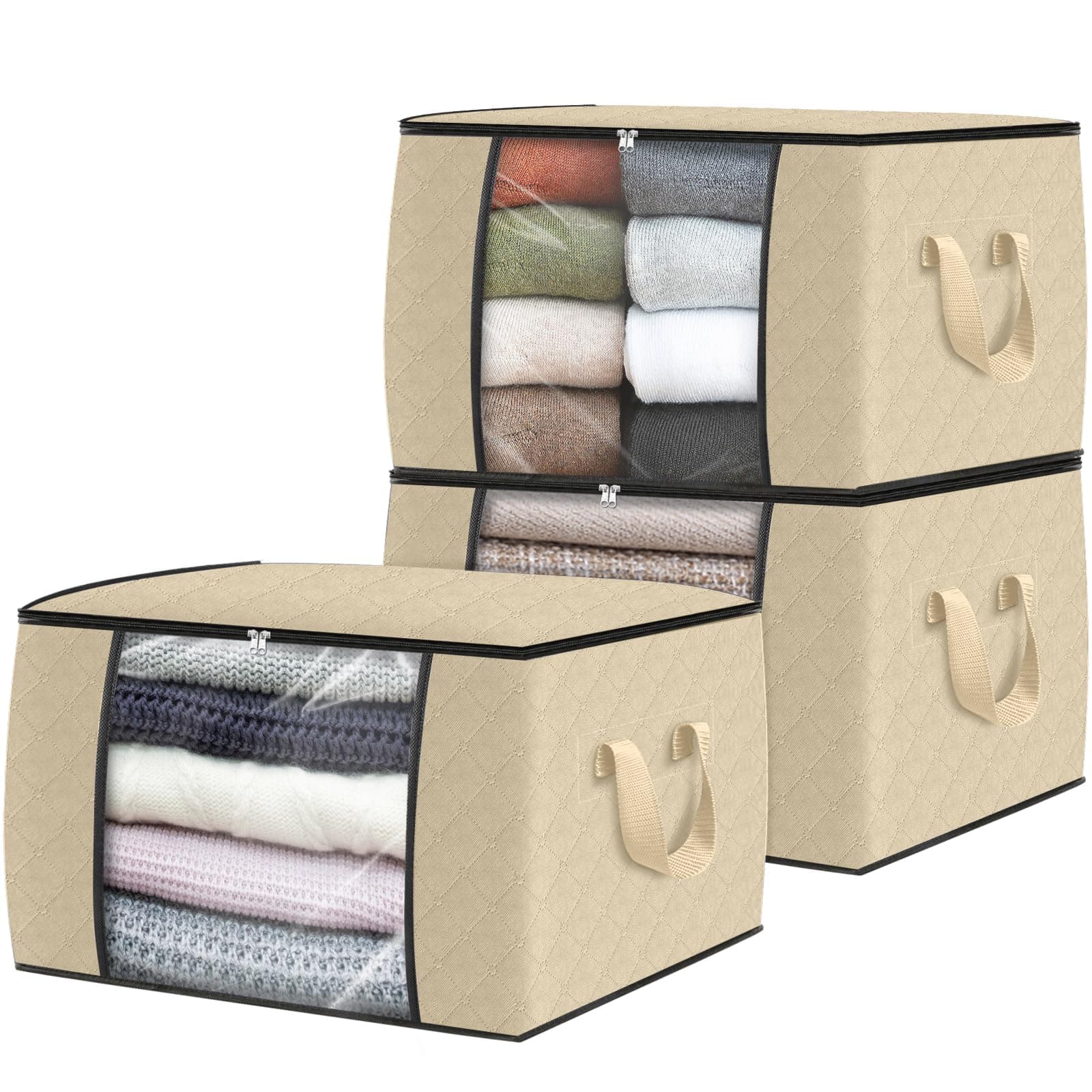 3 Pack Clothes Storage, Foldable Thick Fabric Blanket Storage Bags, Containers for Organizing Bedroom, Closet, Clothing, Comforter, Organization with Handle,Beige