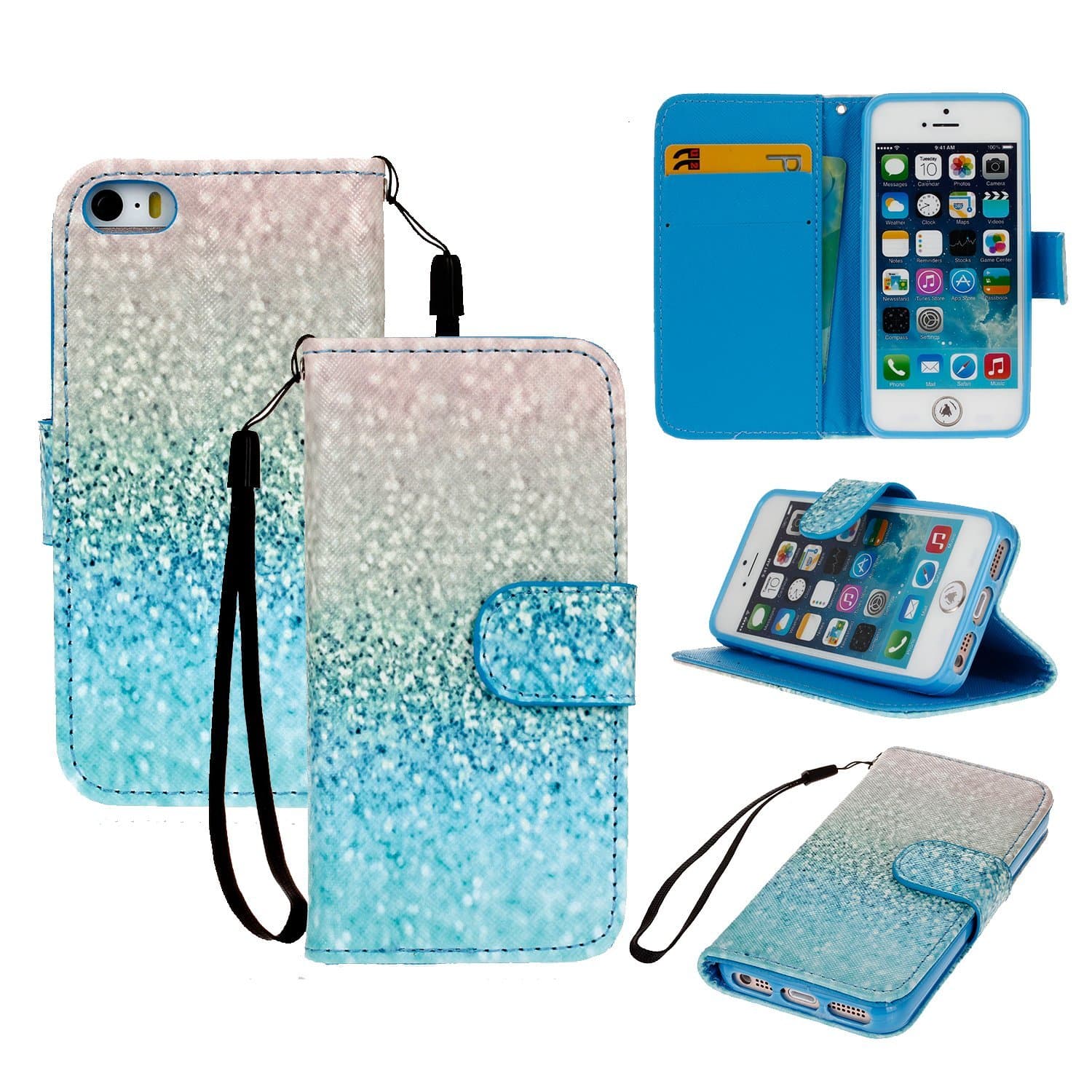 iPhone SE Case – Segro PU Leather Wallet Case Stand Flip Cover With Credit Card Holder for iPhone SE/5S/5, Bling Sand