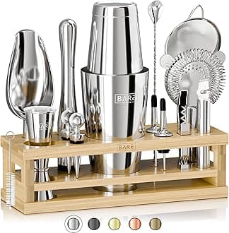 – BARE BARREL® Cocktail Making Kit | 16-Piece Bartender Kit Cocktail Shaker Set Maker | Bamboo Display Stand & 35 Recipe Cards | Mixology Cocktail Gift Set (800ml/28oz Boston Shaker, Silver/Natural)