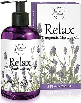 Brookethorne Naturals RelAx TherApeutic Body MAssAge Oil With Best EssentiAl Oils for Sore Muscles & Stiffness LAvender, Peppermint & MArjorAm - All - With Sweet Almond, GrApeseed & JojobA Oil 8.5oz