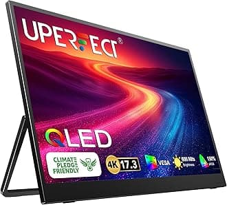 UPERFECT 17.3'' 4K Portable Monitor QLED, 600 Nits 150% sRGB UHD FreeSync HDR 2 Speakers Eye Care Travel Monitor, 2 Fully Functional Type-C Port & HDMI for Laptop PC Phone, VESA & Stand