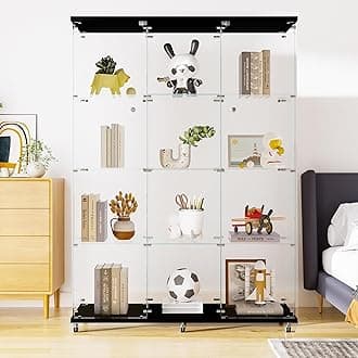 LFT HUIMEI2Y Glass Display Cabinet 12 Shelves with 3 Columns 2 Doors and Lock, Extra Large DIY Curio Cabinets Quick-Install Style Tempered Glass Bookshelf for Living Room, Bedroom, Black