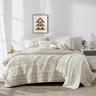 Beige Boho Queen Size Quilt Bedding Set with 2 Pillow Shams, Farmhouse Lightweight Soft Bedspread Coverlet for All Season, 3 Pieces, 90x90 inches