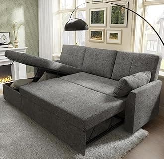 PaPaJet Sofa Bed, Sleeper Sofa with Storage Chaise, L Shaped Sofa with Pull Out Bed, Oversized Sofas for Living Room, Gray