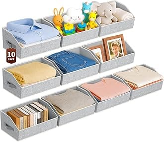 Large Closet Organizers and Storage Bins - 10 Pack Trapezoid Storage Baskets for Shelves, Foldable Fabric Baskets with Handles Ideal for Closet, Basket, Wardrobe and Shelf Storage, Beige