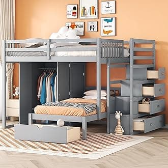 Merax Full Over Twin Bunk Bed with Wardrobe, Drawers, Gray