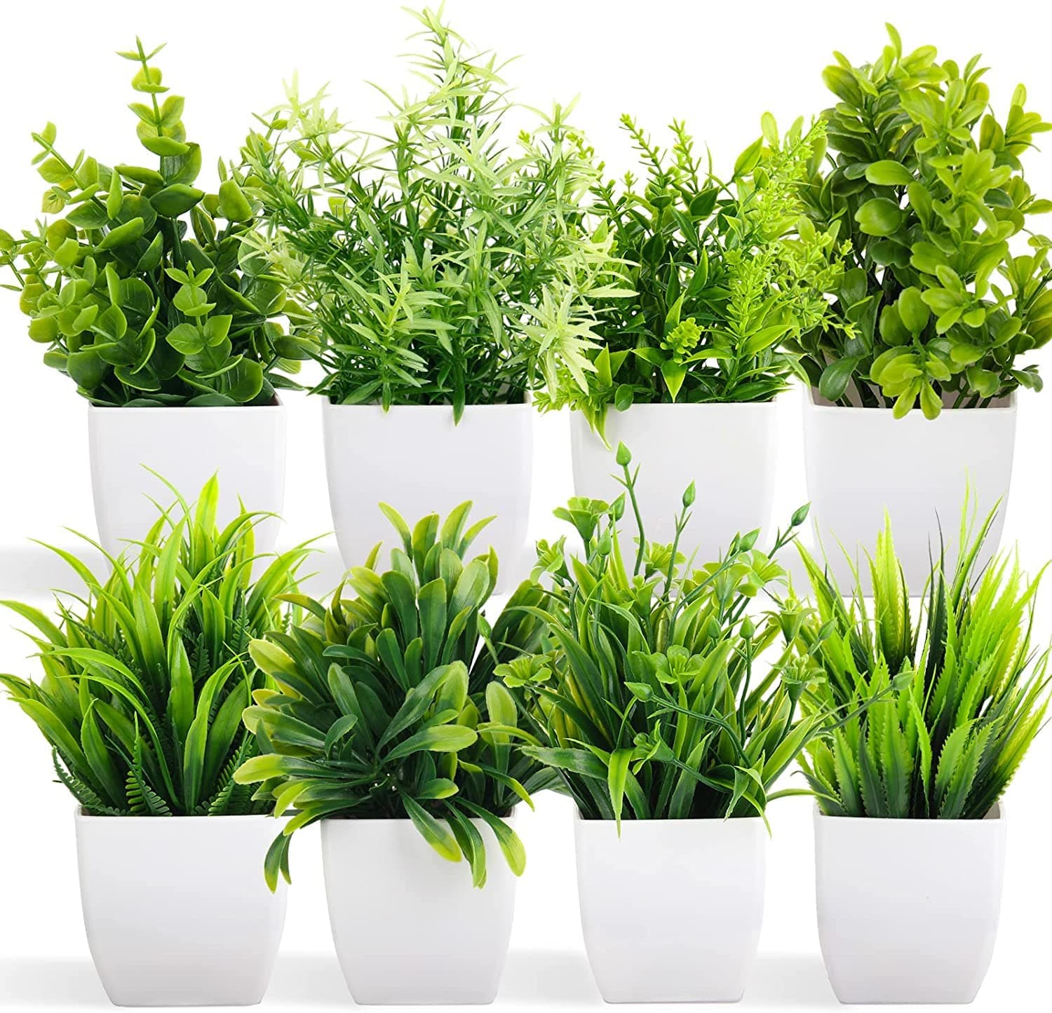 Dekorly Artificial Potted Plants 8 Pack Artificial Plastic Eucalyptus Plants Small Indoor Potted Houseplants, Small Faux Plants for Home Decor Bathroom Office Farmhouse (Set 0F 8)