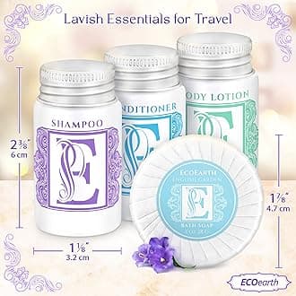 EcoEarth Travel Accessories Bundle (English Garden, 1 Oz, 200 Pc), 4-Piece Hotel Essentials: 50 Round Soaps, 50 Shampoos, 50 Conditioners & 50 Lotions, Luxurious Hospitality Toiletries