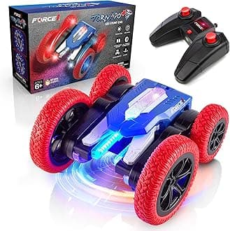 Tornado+ LED Remote Control Car for Kids- Double Sided Fast RC Crawler, 4WD Off-Road Stunt Car 360 Flips, All Terrain Tires, LED Rechargeable Toy Car Battery, 2.4GHz Remote, Interactive Display