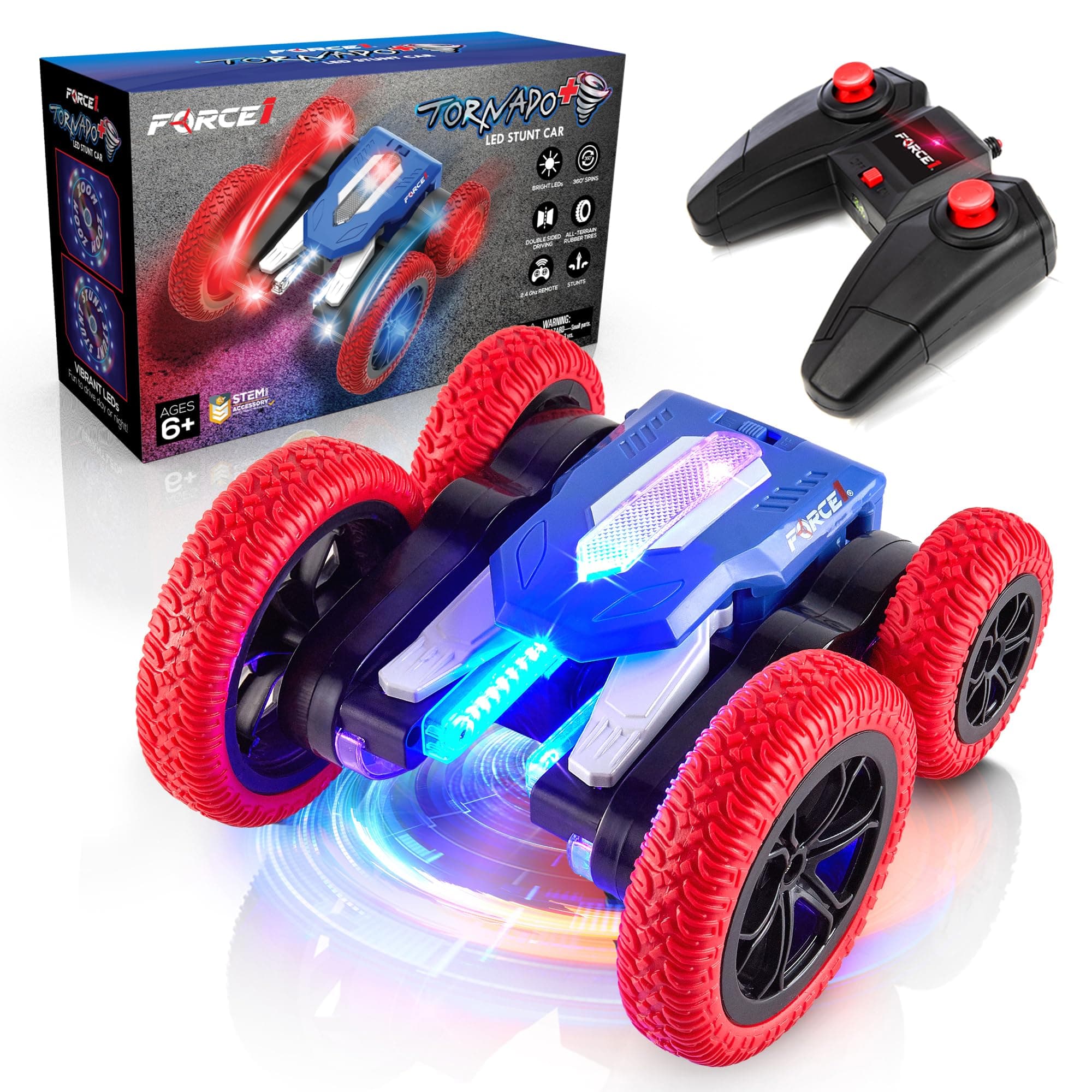 Force1 Tornado+ LED Remote Control Car for Kids- Double Sided Fast RC Crawler, 4WD Off-Road Stunt Car 360 Flips, All Terrain Tires, LED Rechargeable Toy Car Battery, 2.4GHz Remote, Interactive Display