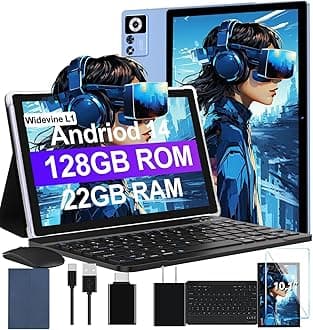 2025 Android 14 Tablet 22GB RAM 128GB ROM 1TB Expand, 10.1 inch 8000mAh Octa-Core Tablet with Keyboard & Mouse, HD IPS Display, 5G Wi-Fi, Bluetooth 5.0, GPS, Widevine L1, Split Screen -Metal Blue