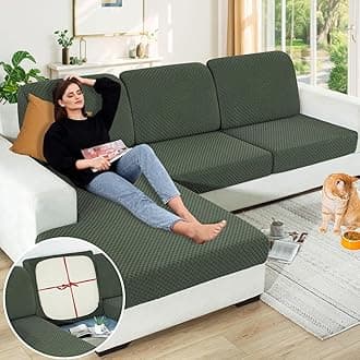 【Clearance】 Sectional Couch Covers for L Shaped Chaise Lounge 1 Piece Separate Cushion Couch Universal Replacement Large Checkered Furniture Protector with Elastic Bottom (Chaise Cover, Army Green)