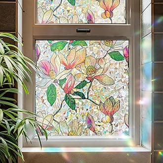 Window Privacy Film, Stained Glass Decorative Static Cling, Removable Laser Sun Blocking Vinyl Covering,Window Film for Home Kitchen Living Room, Pink Magnolia, 17.3" x 78.7"