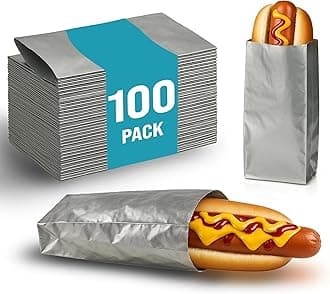 C&S Event Supply Co. Silver Foil Hot Dog Sleeves - 9'' Unprinted Hot Dog Wrappers - Grease Resistance Food Bags to Keep Food Hot and Non-Messy - Disposable Hot Bags for Fast Food and Food Truck (100)
