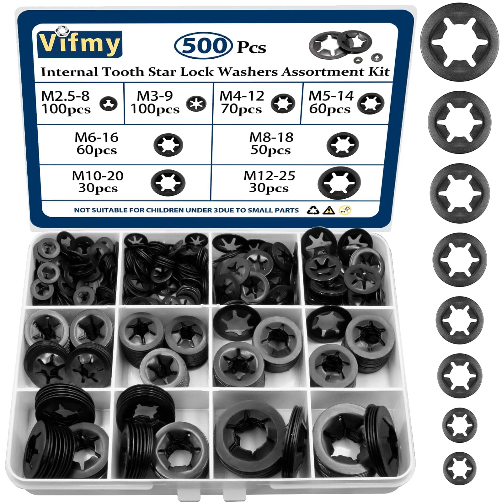 500PCS Internal Tooth Star Lock Washers，m2.5 m3 m4 m5 m6 m8 m10 m12 Quick Speed Locking Washers Assortment Kit，Steel Black Oxide Finish Push on Locking Washer