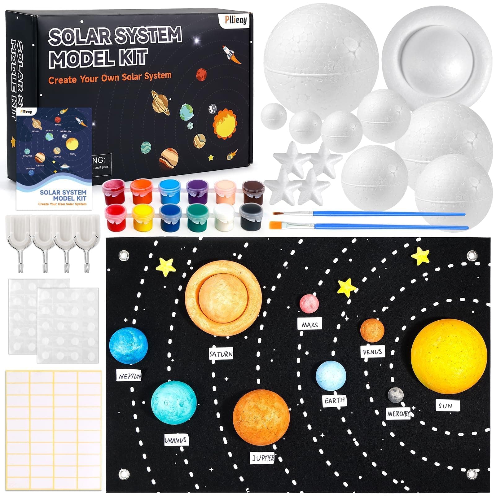 Pllieay Solar System Model Kit for School Science Projects, DIY Felt Backdrop Solar System Project Kit Includes Felt Background Plate, Mixed Size Foam Balls, Acrylic Color for Space Education