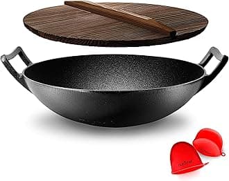 Nutrichef Pre-Seasoned Cast Iron Pan-5.5L Heavy Duty Non-Stick Chinese Wok or Stir Fry Skillet w/Wooden Lid, for Electric Stove Top, Induction, Large, Black