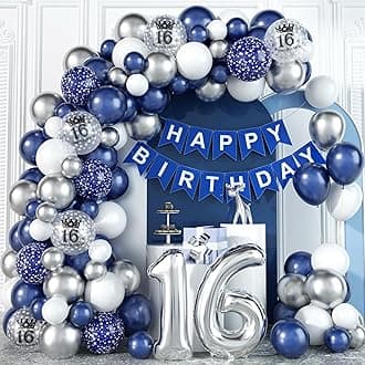 16th Birthday Decorations Blue Silver Balloons Arch Kit with Number Foil Confetti Balloon Happy Birthday Bunting Banner Navy Blue and Silver Party Decor for 16 Years Old Boy Girl Men Women Anniversary