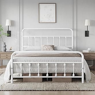 Topeakmart Full Size Victorian Style Metal Bed Frame with Headboard/Mattress Foundation/No Box Spring Needed/Under Bed Storage/Strong Slat Support White