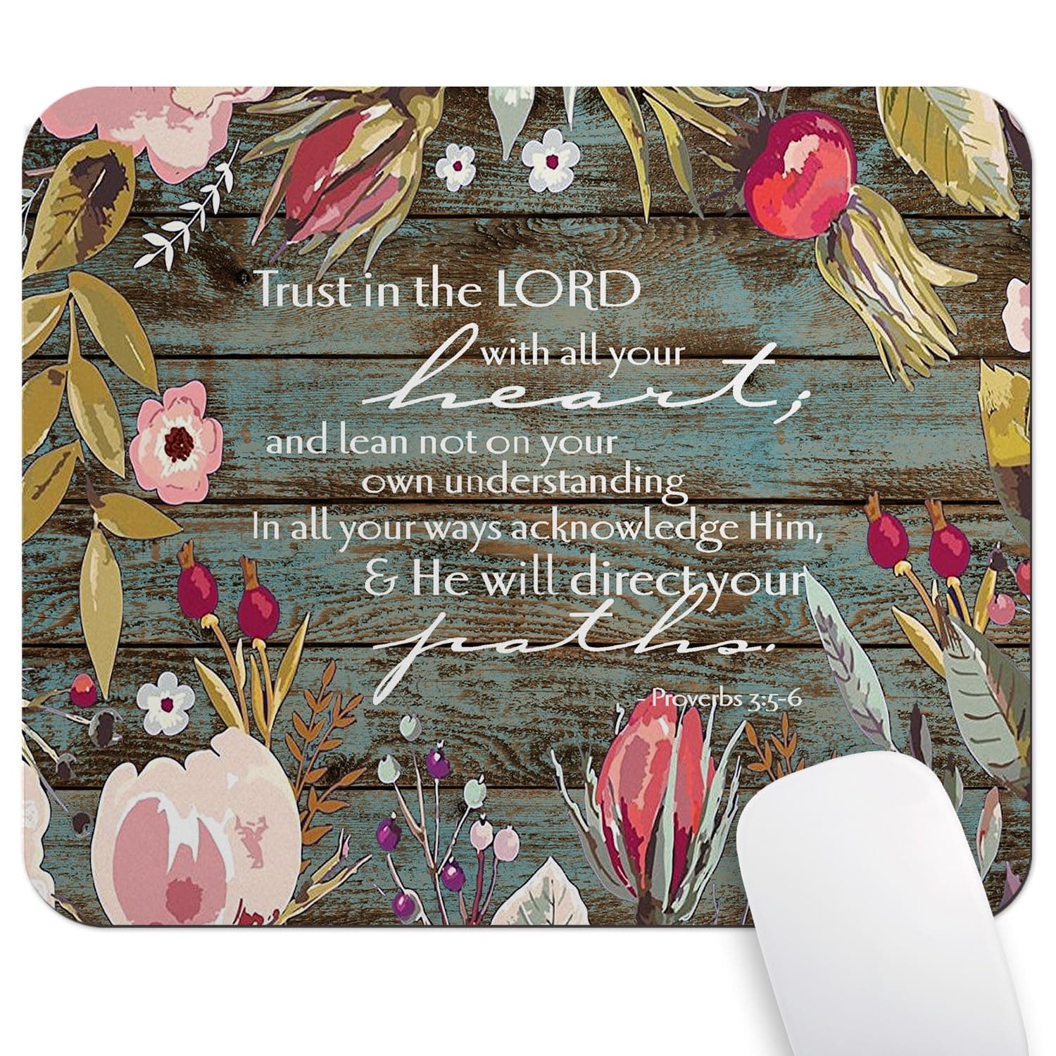 Christian Bible Verses Scripture Quotes Proverbs 3-5 Mouse Pad, Trust in The Lord with All Your Heart Mouse Pads Vintage Old Floral Wood Design Mat