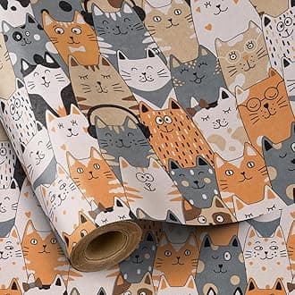 Cat Wrapping Paper Roll, Mini Roll, Adorable Cat Faces Design Gift Wrap Paper, Kitten Kitty Kraft Paper Kraft Paper for Kids Birthday, Cat Lovers and Special Occasions, 17 In x 16.4 Ft