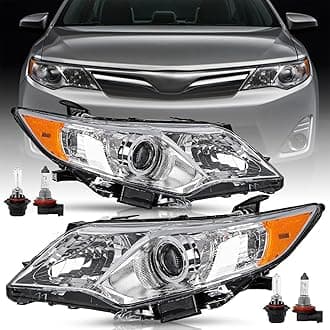 Headlight Assembly Fits For 2012 2013 2014 Toyota Camry L/Le/Xle/Hybrid/SE Driver and Passenger Side (Chrome Housing with Amber Reflector) w/Halogen Bulbs