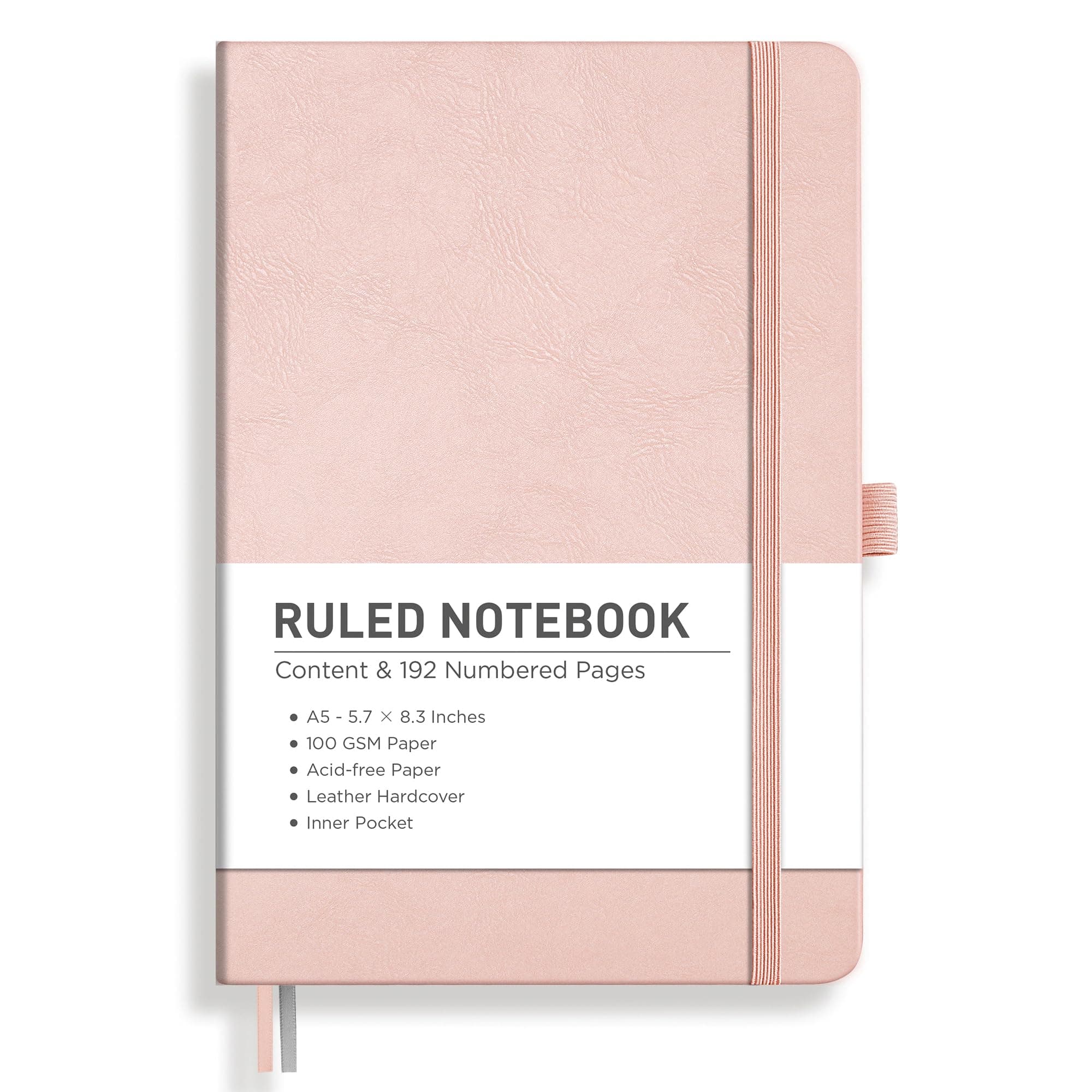 RETTACY Lined Journal Notebook, 192 Numbered Pages, A5 Medium Size (5.7'' x 8.3''), for Men & Women, Journaling, Writing, Work & Office, Leather Hardcover, 100 GSM Thick Paper (Rose Gold)