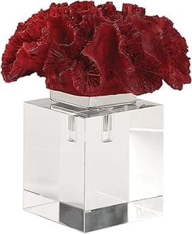 MY SWANKY HOME Luxe Modern Red Coral Crystal Cube Sculpture | Coastal Sea Shell Finial Statue